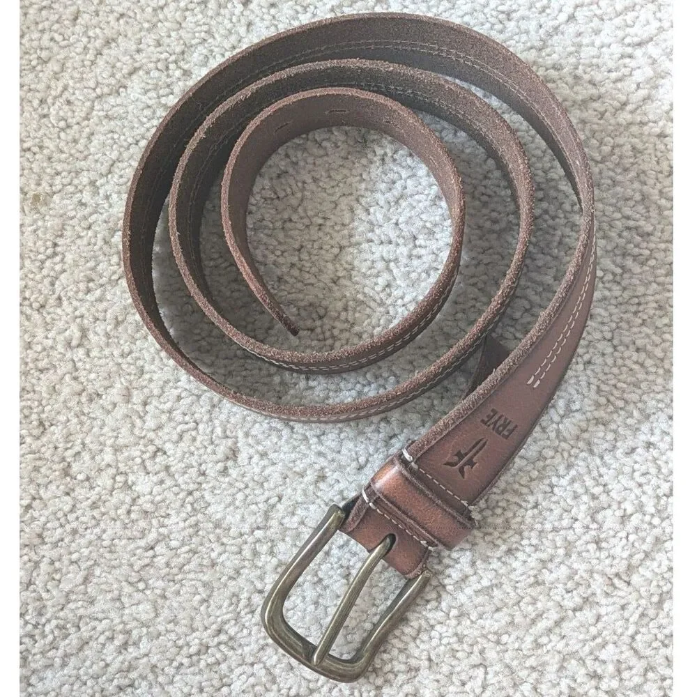 Frye Brown Leather Belt w/ White Contrast Stitching & Brass Hardware Sz 42
